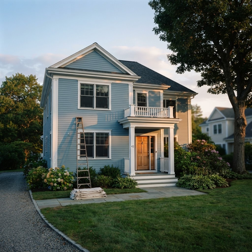 Freshly painted home exterior with a ladder and drop cloths