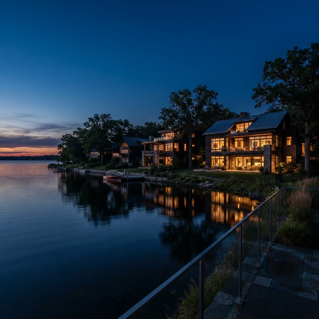 Lakeside residential buildings at dusk with lit windows