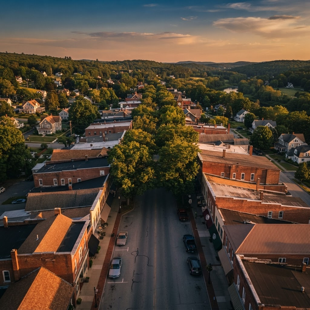 Aerial view of a small-town American main street at golden hour